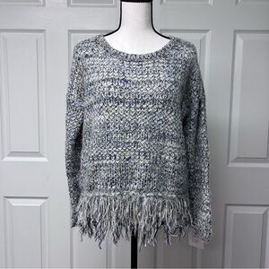 NWT Hand knit look BOHO Fringe hem Sweater; Blue grey multi (NYC Sample Sale)